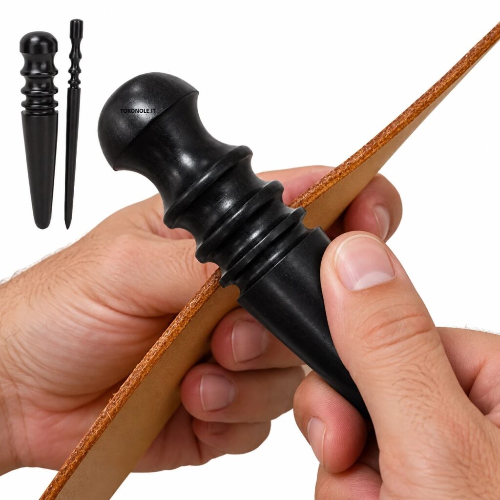Levigatore in legno che lucida il bordo di una striscia di cuoio, con il set di due levigatori